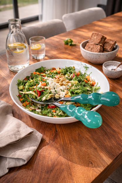 Salad in a white bowl on a wooden table with two teal salad servers, a bottle of water, and a glass.